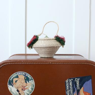 vintage tiny pom basket purse • handmade raffia miniature basket bag with lid • natural straw, green &amp; hot pink 