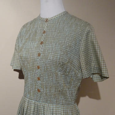 Vintage 1950's Cay Artley Day Dress / 50s Blue and Brown Gingham Dress M 