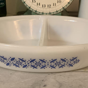 Glasbake &ldquo;Blue Daisy&rdquo; or &amp;quot;Blue Cross Stitch&amp;quot; Divided Ovenware Dish by JoyfulHeartReclaimed