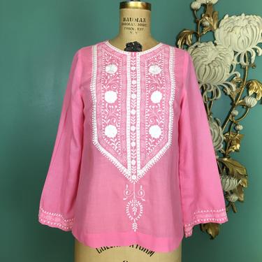 1970s hippie blouse, pink and white cotton, embroidered top, vintage tunic, small medium, bohemian, Philippines, boho style, festival, 34 