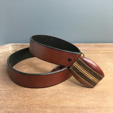 Leather belt with laminated wood buckle - 1980s mens vintage accessory 