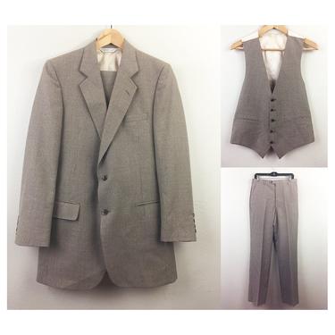 Vintage 70s 80s PIERRE CARDIN Tan Pinstripe 3-piece Men's Suit Sport Coat Vest Pants S 