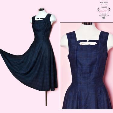 Blue Plaid Vintage Dress, 1950's, Mid Century, Fit &amp; Flare, Full Skirt, Rockabilly Pinup Summer Sun Dress, Dark Blue White 