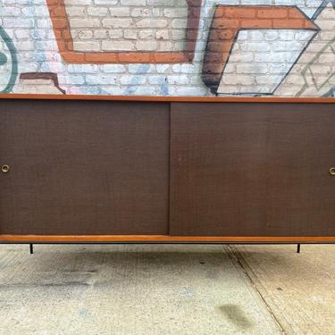 Paul mccobb mid century modern credenza sideboard dresser maple 4 drawer brown doors iron base legs 60&amp;quot; walnut finish 