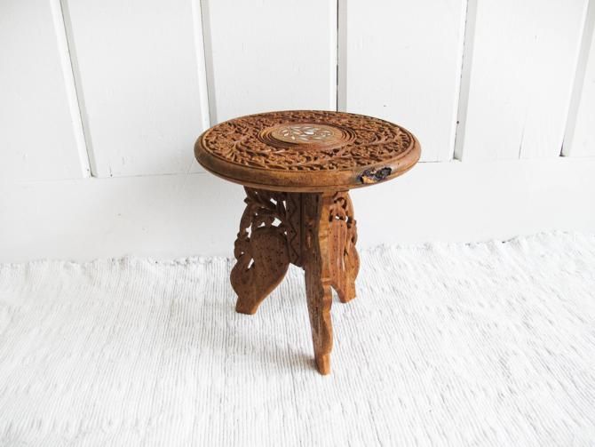 carved hand table Round Foldable wood stand plant pedestal vintage Inlaid coffee 