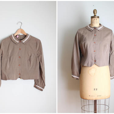 vintage 40s mocha cotton blouse - 1940s ladies shirt / '40s blouse - 1950s woven cotton shirt / vintage 50s top - mocha brown cotton blouse 