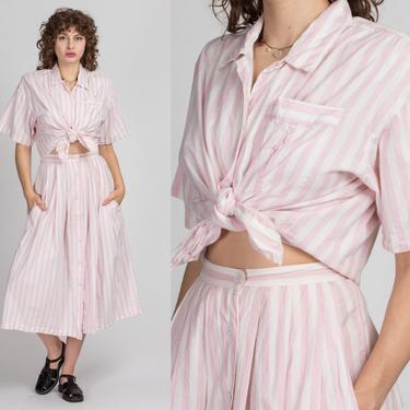 Vintage Pink White Striped Button Up Set - Small | 80s Oversized Blouse & High Waist Midi Skirt Outfit 
