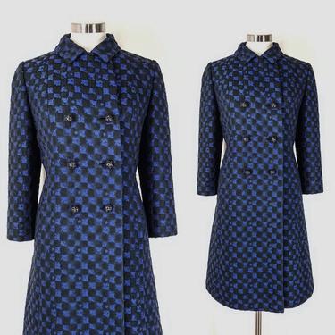 1960s Houndstooth Coat, Medium / Vintage 60s Mod Wool Coat / Fitted Royal Blue Plaid Dress Coat / Retro 3/4 Length Checkered Winter Coat 