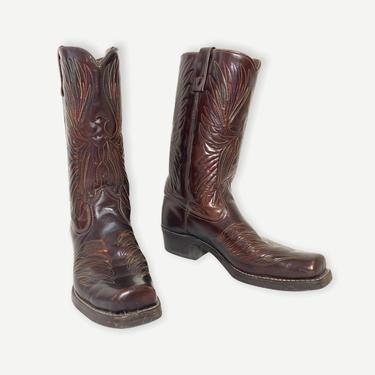 Vintage 1970s EAGLE STITCHED Cowboy Boots ~ 10 1/2 D ~ Western / Rockabilly / Ranch Wear ~ Tooled / Embossed ~ Made in USA 