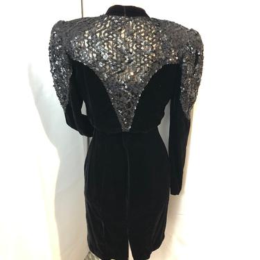 Zum Zum Black sequined velvet mini dress with matching Bolero jacket 1980s vintage cocktail party S 
