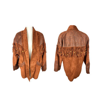 Fringe Jacket, Vintage Clothing, 80's, Animal Print, Brown Leather, Beaded Fringe, Size Medium, Fringe Leather Jacket, Western, Moto 