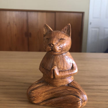 Wooden Praying Cat, Wooden Cat Statue, Meditating Cat Statue, Yoga Kitty Meditating 
