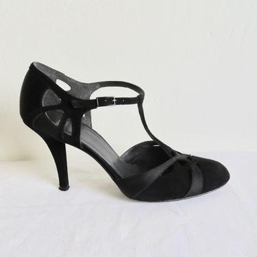 Vintage Size 9 Black Suede and Satin T Strap High Heels 1920's 1930's Style Art Deco Flapper Great Gatsby Stuart Weitzman 