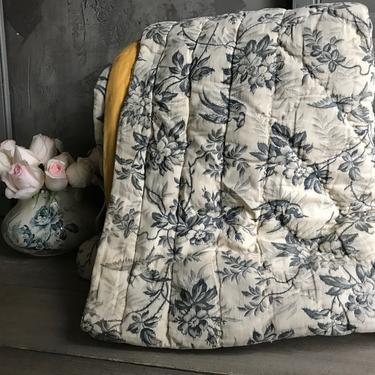 Antique French Quilt, Dark Indigo Floral Toile, Wool Filled Blanket, Comforter, French Textiles, Chateau Decor 