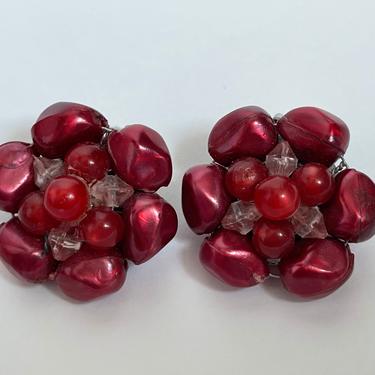 Vintage Clip on Red Bead Cluster Earrings 