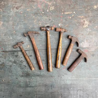 Vintage lot of 6 Wood Handled Claw and Ball Peen Hammers Rustic Tool Decor 