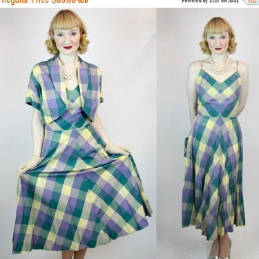 ON SALE Vintage 1940s WWII Dress Cotton Gingham Checkered Novelty Print Fit and Flare with Crop Jacket Gree Yellow Purple Del Mar S  Xs 26&amp;quot; 