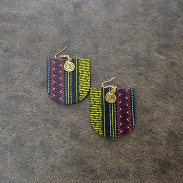 African print earrings, Ankara earrings, wood earrings, bold statement earrings, Afrocentric earrings, yellow red earrings, batik earrings 