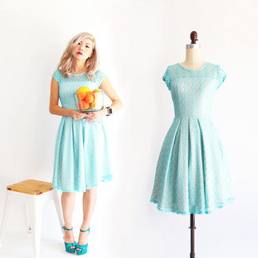 GOSSAMER | vintage modern dress. aqua dress. short aqua bridesmaid dress. aqua lace party dress with short sleeves 