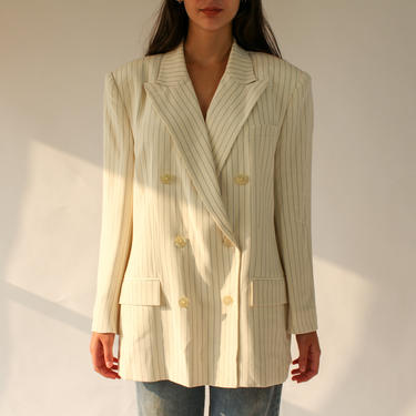 Vintage Ralph Lauren Ivory and Navy Blue Pinstriped Double Breasted Butter Soft Silk Blazer | 100% Silk | Y2K Designer Peak Lapel Jacket 