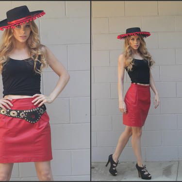 Vintage 80s Red Leather Mini Skirt XS S M Bandage Skirt 