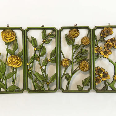 Vintage Dart Plastic Wall Hangings Floral Ivy Flowers Gold Set of Four 1970s Syroco Dart Homco Turner Boho Retro Wall Decor Kitsch 