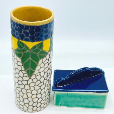 Vintage Mosaic Tile Vase and Trinket box- Nice Condition- Blue Yellow Green 6&quot; 
