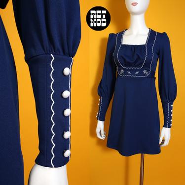 Super Cute Vintage Dark Blue Dolly Bird Empire Waist Mini Dress with Bishop Sleeves 