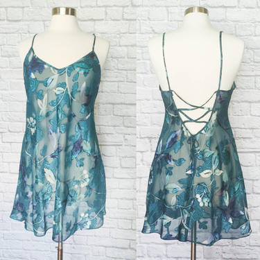 Vintage 80s Nightgown // Blue and Green Sheer Slip Dress with Corset Back 