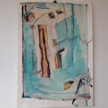 Original Vintage R. TIMPANO ABSTRACT Expressionist PAINTING 28x20&quot; Oil / Paper, Mid-Century Modern Art green white eames knoll era 