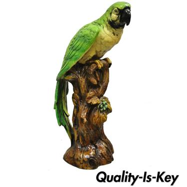 Large Green &amp; Yellow 28" Fiberglass Perched Parrot Bird Sculpture Statue Figure