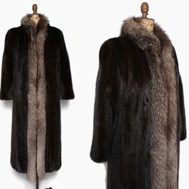 Vintage 70s Mink Fur Coat / 1970s Dark Brown Mink with Fluffy Crystal Fox Collar 
