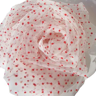 Vintage Polka Dot Tulle Fabric Red & White Flocked Dots 2.5 Yds 