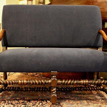 Open Arm Settee in Walnut Resting on Rope-Twist Stretcher Base. Spanish, Late 18th Century ~ Newly Upholstered Schumacher Navy Velvet