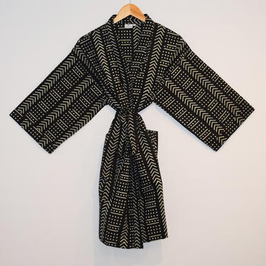 Hand Block Print Kimono, Cotton Dressing Gown, India Wood Block Print, Lightweight Cotton Kimono Robe, Wrap Coverup, Black and White Print 
