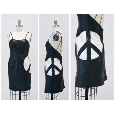 Vintage Black Leather Dress with Peace Sign by Michael Hoban North Beach// 90s Vintage Black Tank Mini Leather Dress XXS XS Small Peace Sign 