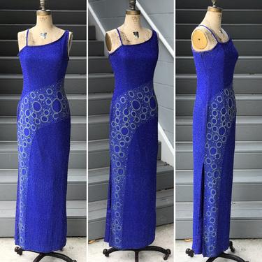1990s True Blue Beaded Asymmetrical Orb Gown
