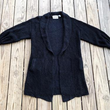 Vintage 90s Nuggets Black Knit Bishop Sleeve Oversized Mid Length Open Sweater Cardigan One Size Fits 