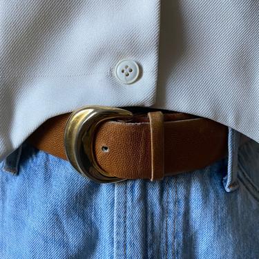 Brown Leather Belt with Brass Buckle 