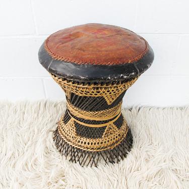 Black and Rattan African Drum Stool with Leather Seat 