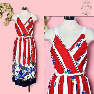 80's Vintage Summer Sun Dress, Red White &amp; Blue Cotton Floral 1970's, 1980's LIKE NEW Party Dress, Day Dress 