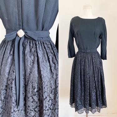 Vintage 1950s L'Aiglon Black Lace Belted Cocktail dress / XS 