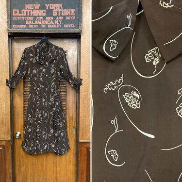 Vintage 1940’s Brown Floral Rayon Deco Rockabilly Day Dress, Vintage Rayon Dress, Floral Print Fabric, Vintage 1940’s Dress, Vintage Rayon 