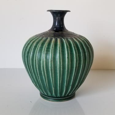 Vintage Michael Andersen-Style Graphite Green Glaze Bud Vase 