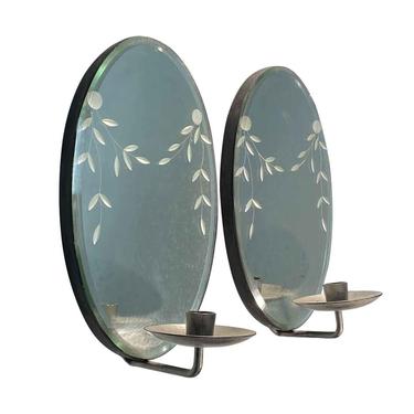 Pair of Etched Beveled Mirror Candle Sconces