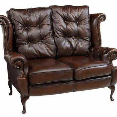 Loveseat, Queen Anne Style Brown Leather Wingback, English, See Matching!