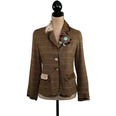Brown Plaid Blazer Women Small Rayon Wool Blend Houndstooth Jacket with Velvet Collar, 90s Y2K Vintage Clothing J Jill Size 6 Petite Clothes by MagpieandOtis