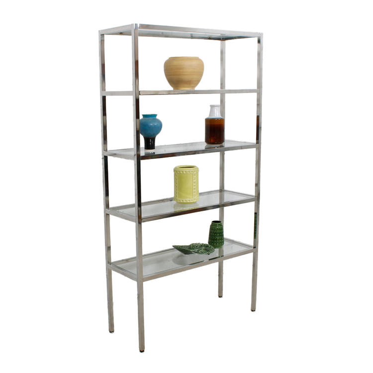 Pair, Chrome & Glass Etagere / Display Shelving / Book Cases