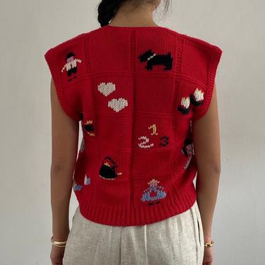 80s handknit folk sweater vest gilet / vintage red wool hand knit embroidered scenic folklore novelty sleeveless button up sweater vest | M 