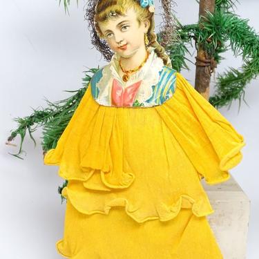 RESERVED LISTING for CAMELOTFAIRIES-----Early 1900's Large 8 1/2 Inch Victorian Die Cut and Tinsel Christmas Scrap Ornament, Paper Dress 